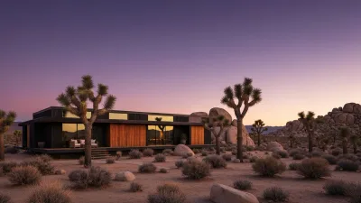 An architect-designed black-and-wood desert cabin among Joshua trees and boulders at sunset under a purple-orange sky