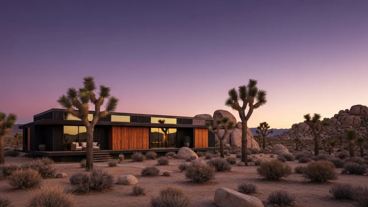 An architect-designed black-and-wood desert cabin among Joshua trees and boulders at sunset under a purple-orange sky