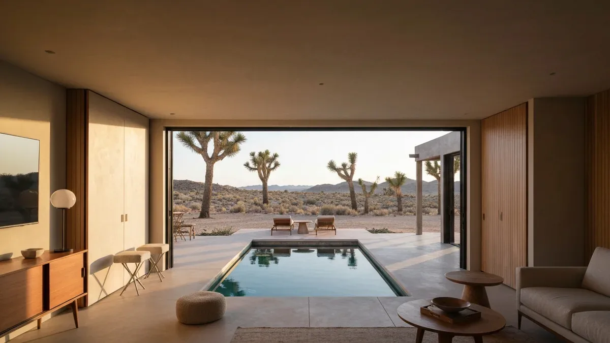 A design-forward desert cabin interior with a plunge pool visible through glass walls and Joshua trees outside