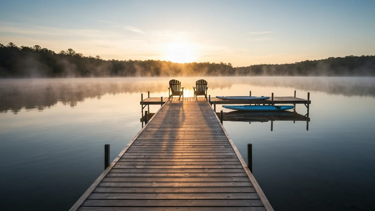 A wooden dock stretching into a glassy lake at sunrise with mist over the water and two Adirondack chairs