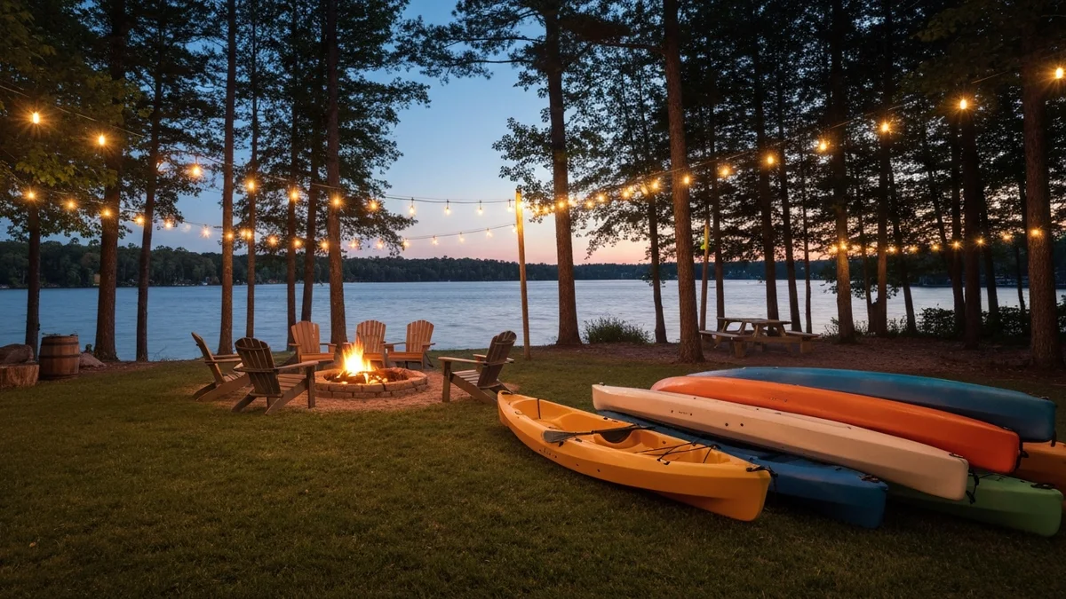 A lakeside firepit area at dusk with string lights and kayaks pulled up on the grass