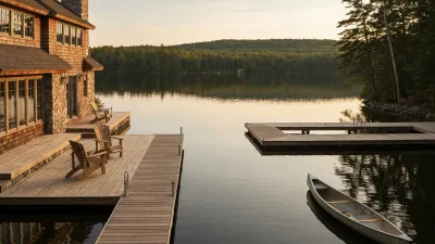 A cedar-and-stone lake house with a private dock at golden hour, Adirondack chairs on the deck and a canoe by still water