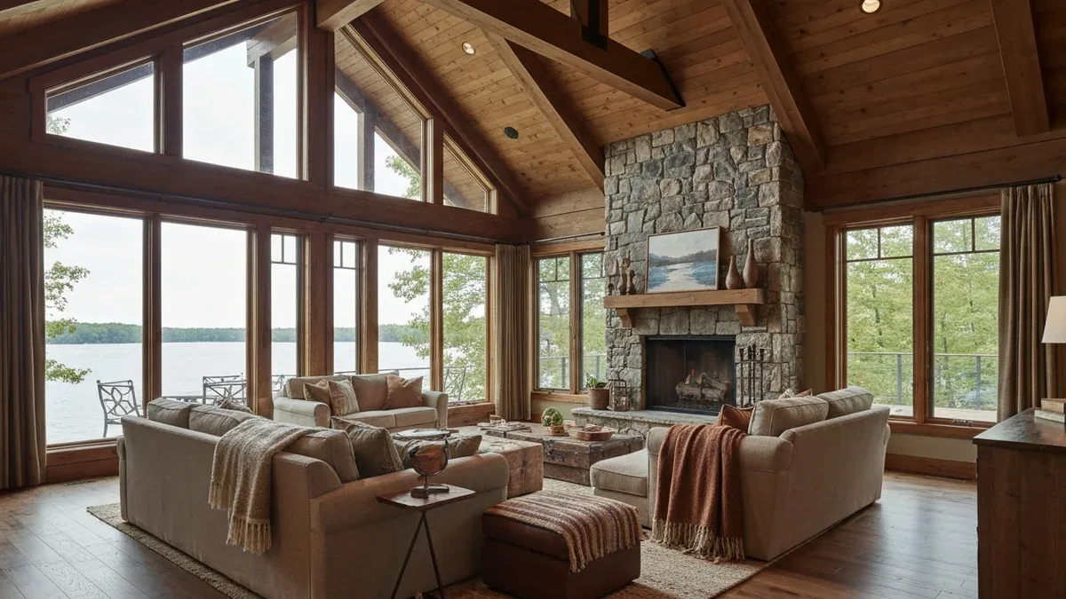 A warm lake-house interior with a vaulted wood ceiling and large windows looking onto the water
