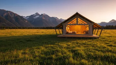 Luxury glamping safari tent with wood deck and mountain forest views