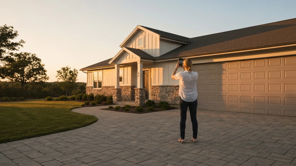 A host photographing a stylish vacation-rental exterior with a smartphone at golden hour
