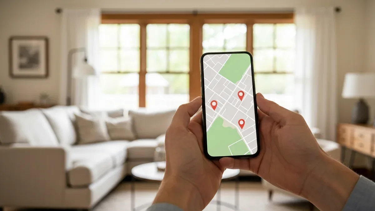 A host's hands holding a smartphone showing an abstract map with pins, a stylish vacation-rental living room behind