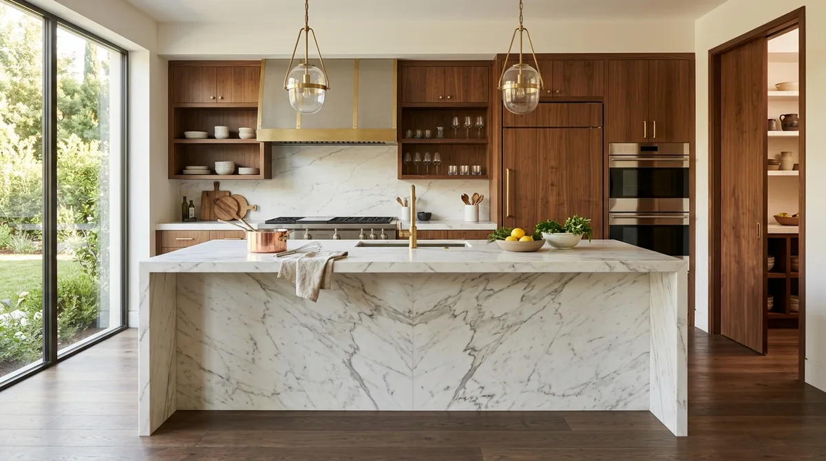 A magazine-quality chef's kitchen with a book-matched stone waterfall island, walnut cabinetry, and integrated professional appliances