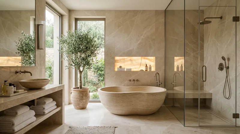 A five-star spa bathroom in honed marble with a freestanding stone soaking tub and a glass rainfall wet room