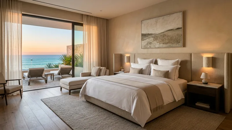 A serene ultra-luxury primary bedroom with crisp hotel-grade linens and a private terrace overlooking the ocean at sunrise