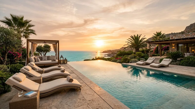 An infinity-edge pool at a private luxury villa at golden hour