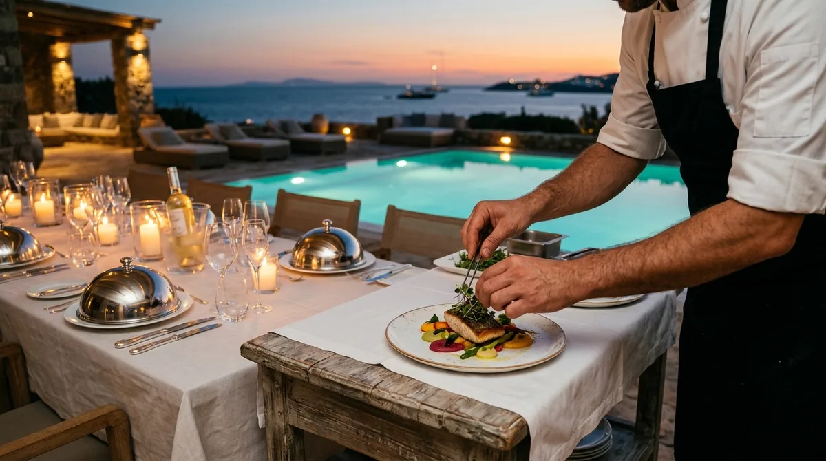 A private chef plating a refined dinner on a candlelit luxury villa terrace at dusk overlooking a lit pool and the sea