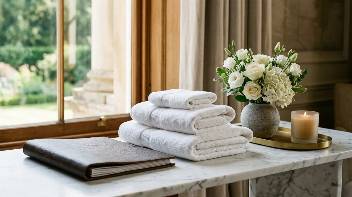 A marble console styled with folded hotel-grade towels, fresh white flowers, a candle, and a leather welcome folder