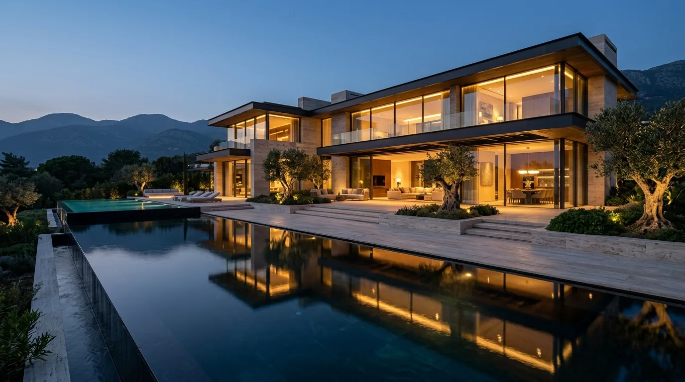A contemporary ultra-luxury villa glowing at dusk, mirrored in a long dark reflecting pool