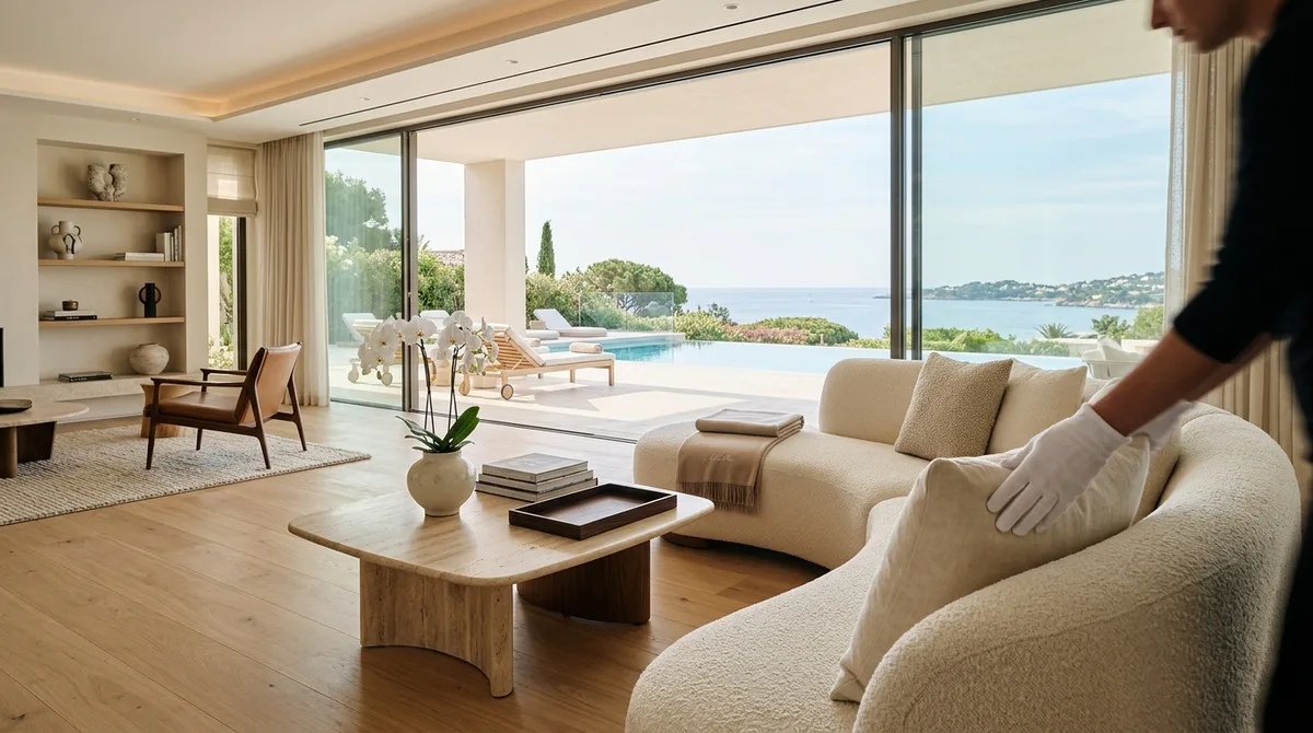 A pristine villa great room being given a final white-glove staging pass before an inspection, with a gloved hand adjusting a cushion