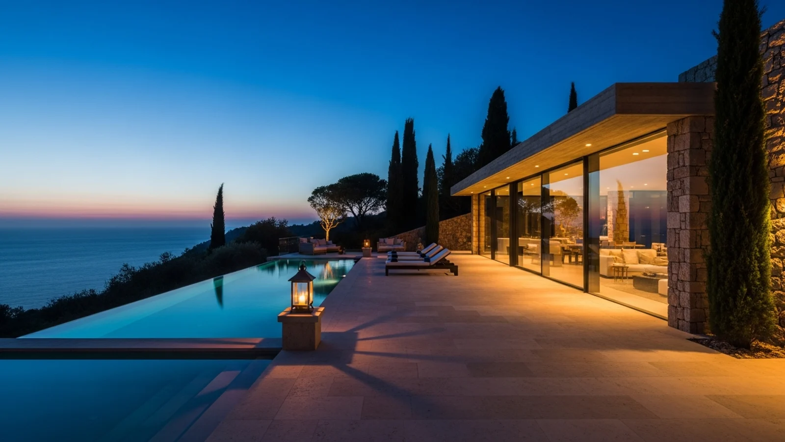 A clifftop luxury villa at dusk above the Mediterranean, its stone terrace and infinity pool lit against a deep blue sky