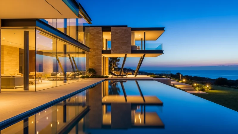 A contemporary ultra-luxury villa at dusk with floor-to-ceiling glass and a mirror-still infinity pool overlooking the sea