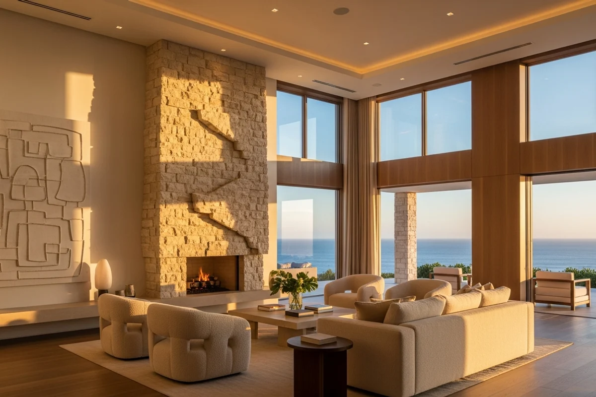 The great room of an ultra-luxury villa with a sculptural stone fireplace, designer furnishings and floor-to-ceiling ocean views