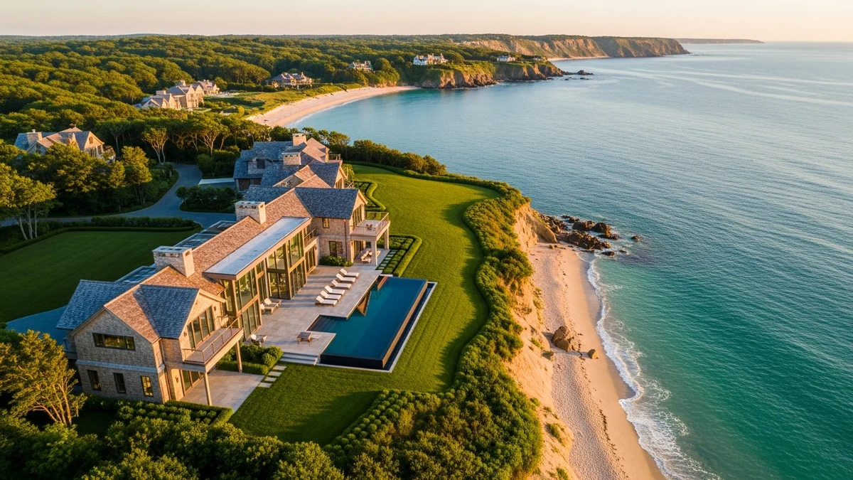 An aerial view of an oceanfront trophy estate on a grassy bluff above turquoise water at golden hour