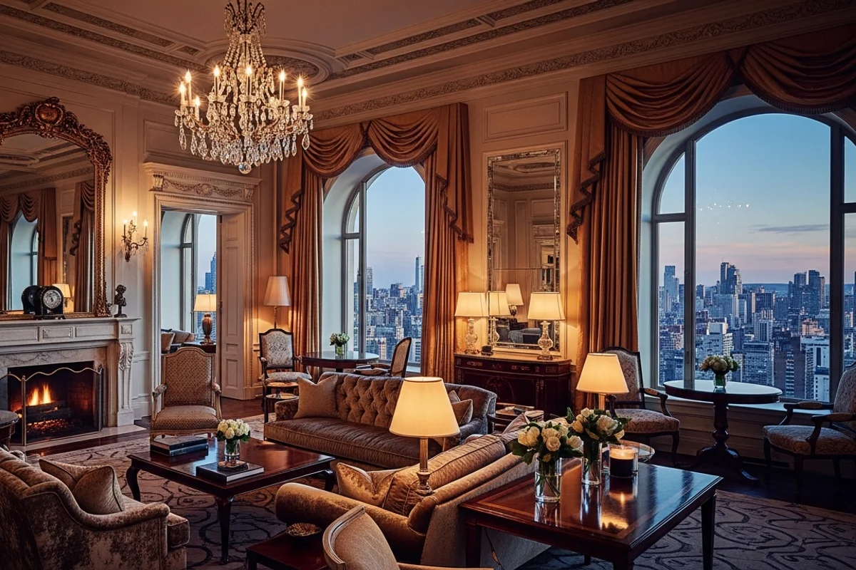 The interior of an opulent grand-hotel presidential suite with a crystal chandelier, marble fireplace and city views at dusk