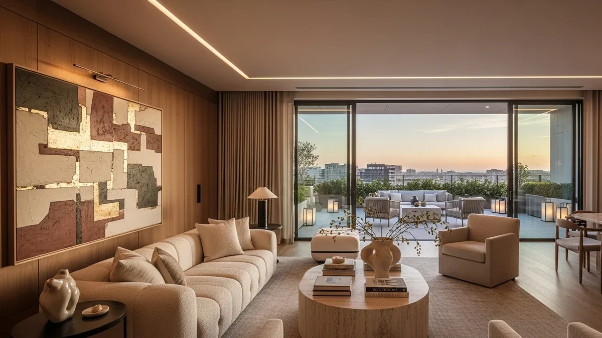 Designed luxury living room with layered lighting, a coherent concept, and a point of view