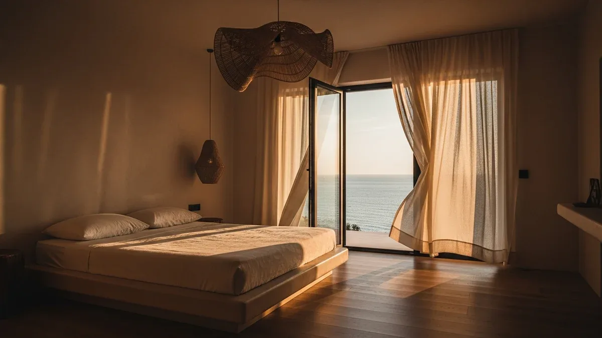 A designed luxury interior with layered lighting, natural materials, and art with a point of view