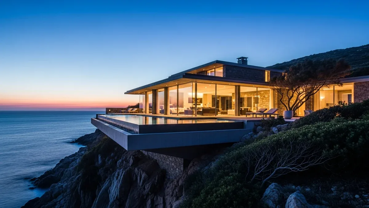 Cliffside villa with floor-to-ceiling glass photographed at dusk, an example of luxury architectural photography