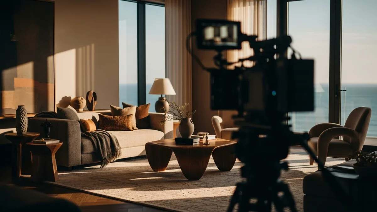 A cliffside villa glass wall photographed at dusk, warm interior light against a deep blue sea