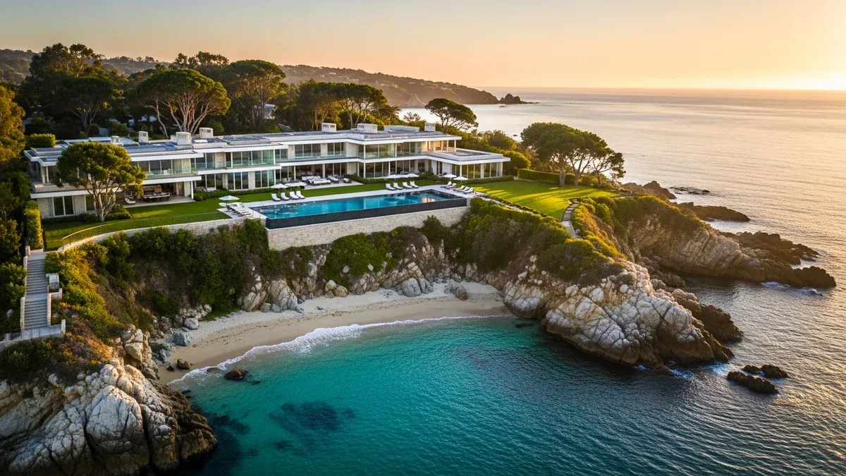 Secluded oceanfront trophy estate at golden hour, a home priced at the top of its luxury market
