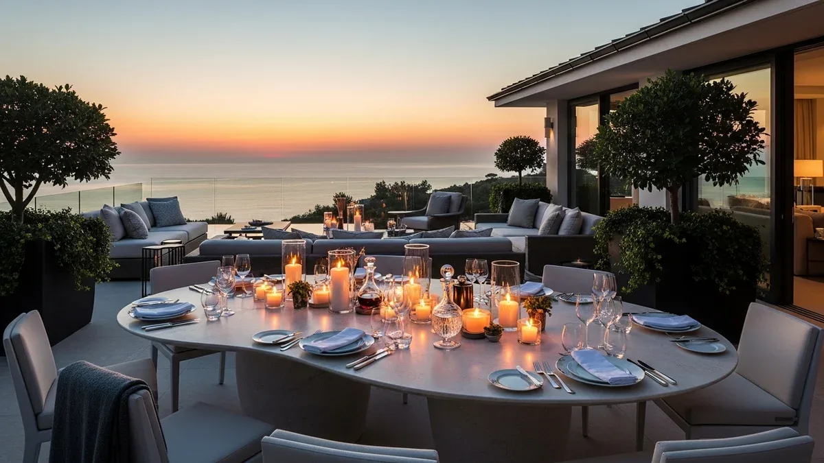 Aerial view of a secluded oceanfront estate with private pool and manicured grounds at golden hour