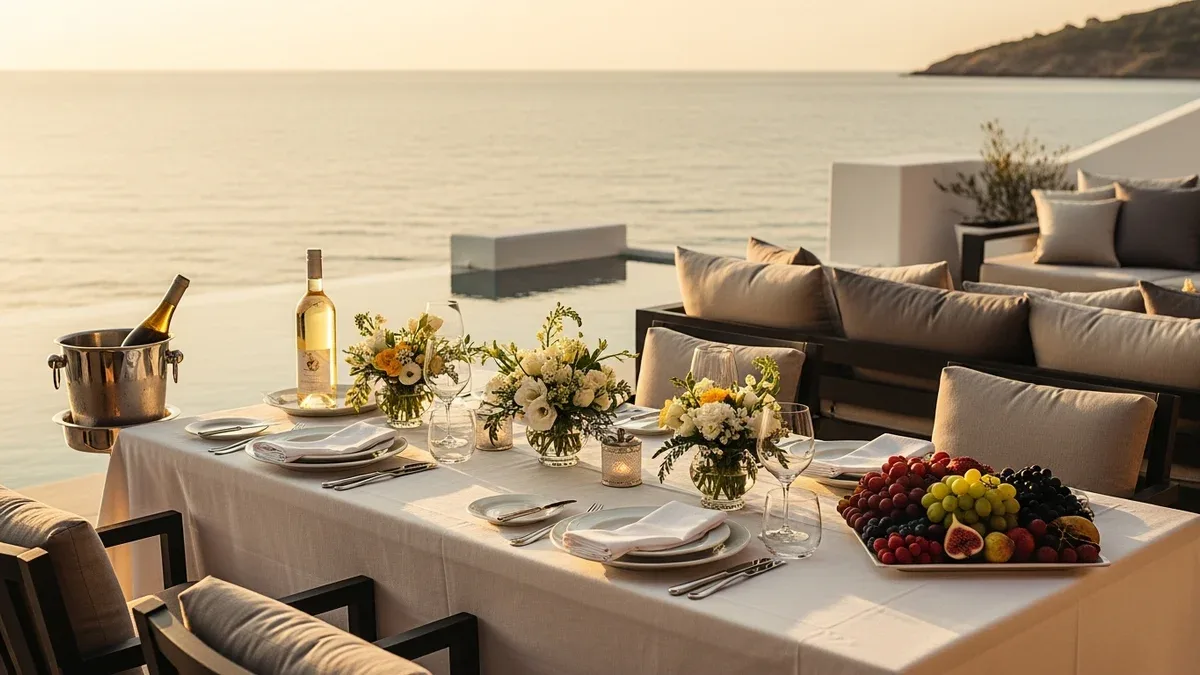 Private villa terrace set for arrival at golden hour, the concierge standard for a luxury rental