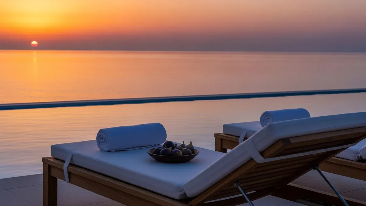 Sunlit infinity pool at a curated luxury villa overlooking the coastline at golden hour