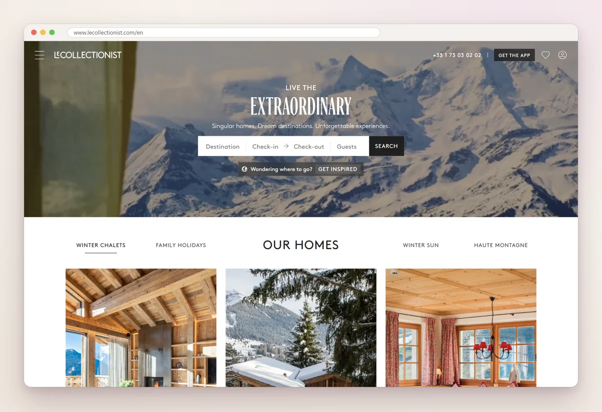 Le Collectionist home page with a snowy mountain photo, a destination, dates and guests search, and homes sorted into themes such as winter chalets