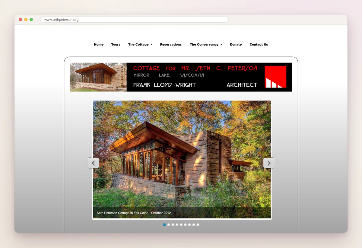 Seth Peterson Cottage website with a photo of the Frank Lloyd Wright cottage in fall color and a menu with Tours, The Cottage and Reservations