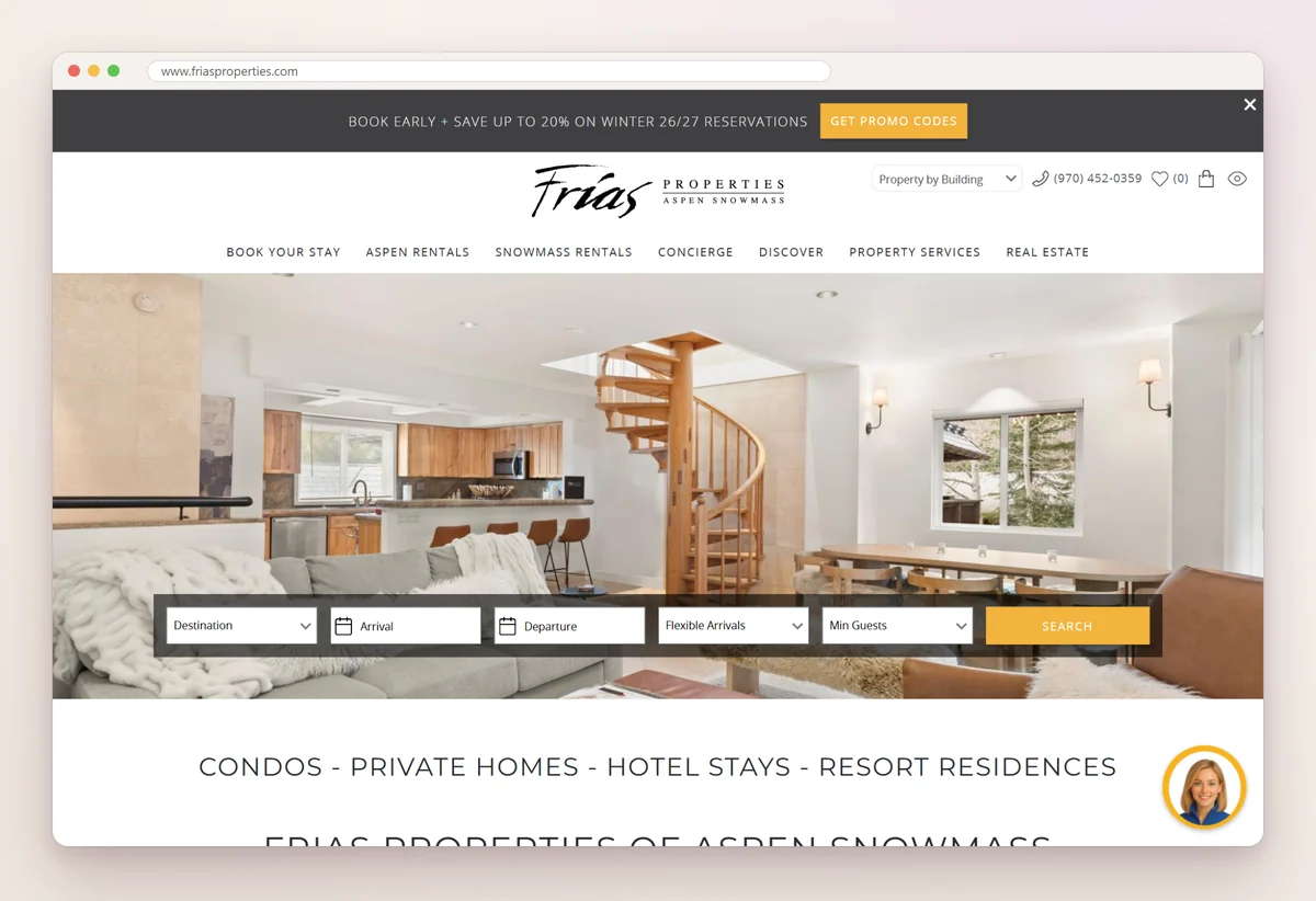 Frias Properties of Aspen Snowmass home page with a living room photo, a search bar and a list of stay types from condos to resort residences