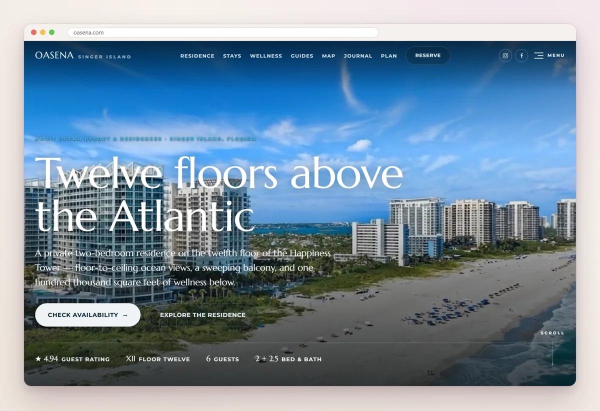 OASENA home page with an aerial photo of Singer Island, the headline Twelve floors above the Atlantic, a Check availability button and its guest rating, floor, guests and beds