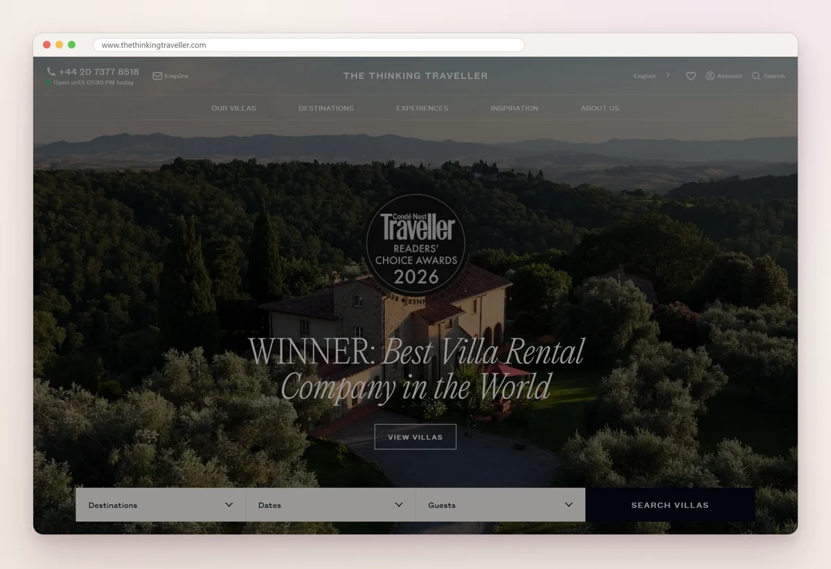 The Thinking Traveller home page with a Tuscan villa at dusk, a readers' choice award badge and a destination, dates and guests search