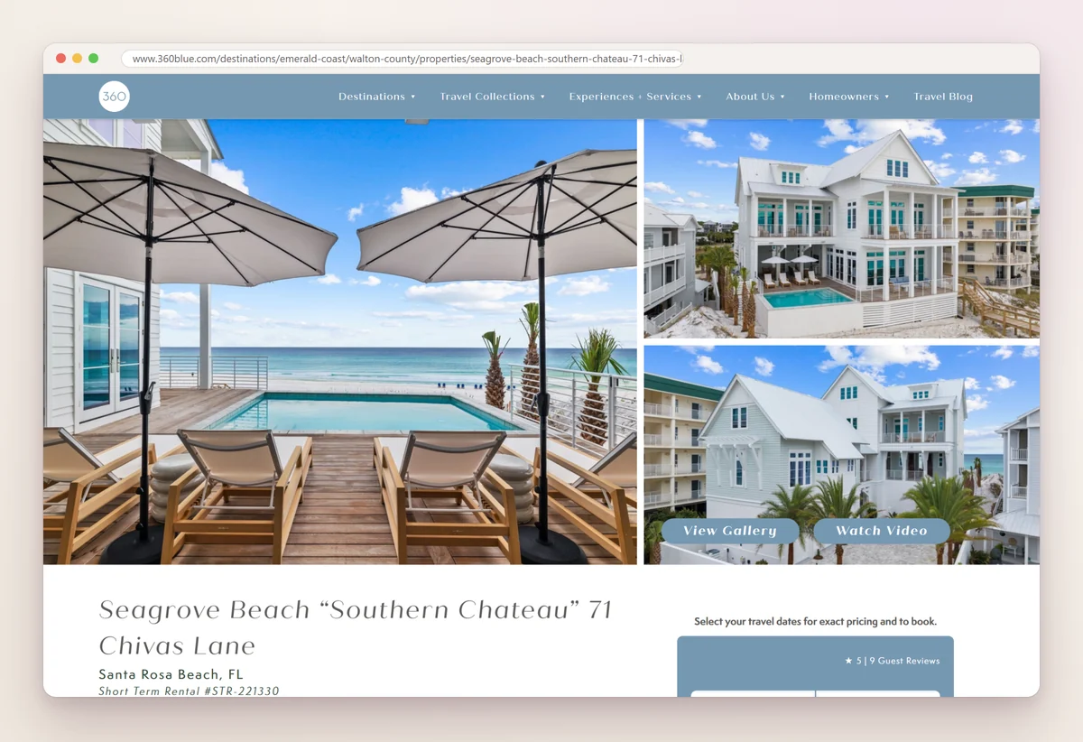 360 Blue property page for Seagrove Beach Southern Chateau, 71 Chivas Lane, with a photo collage, the short-term rental license number and a prompt to pick dates for exact pricing