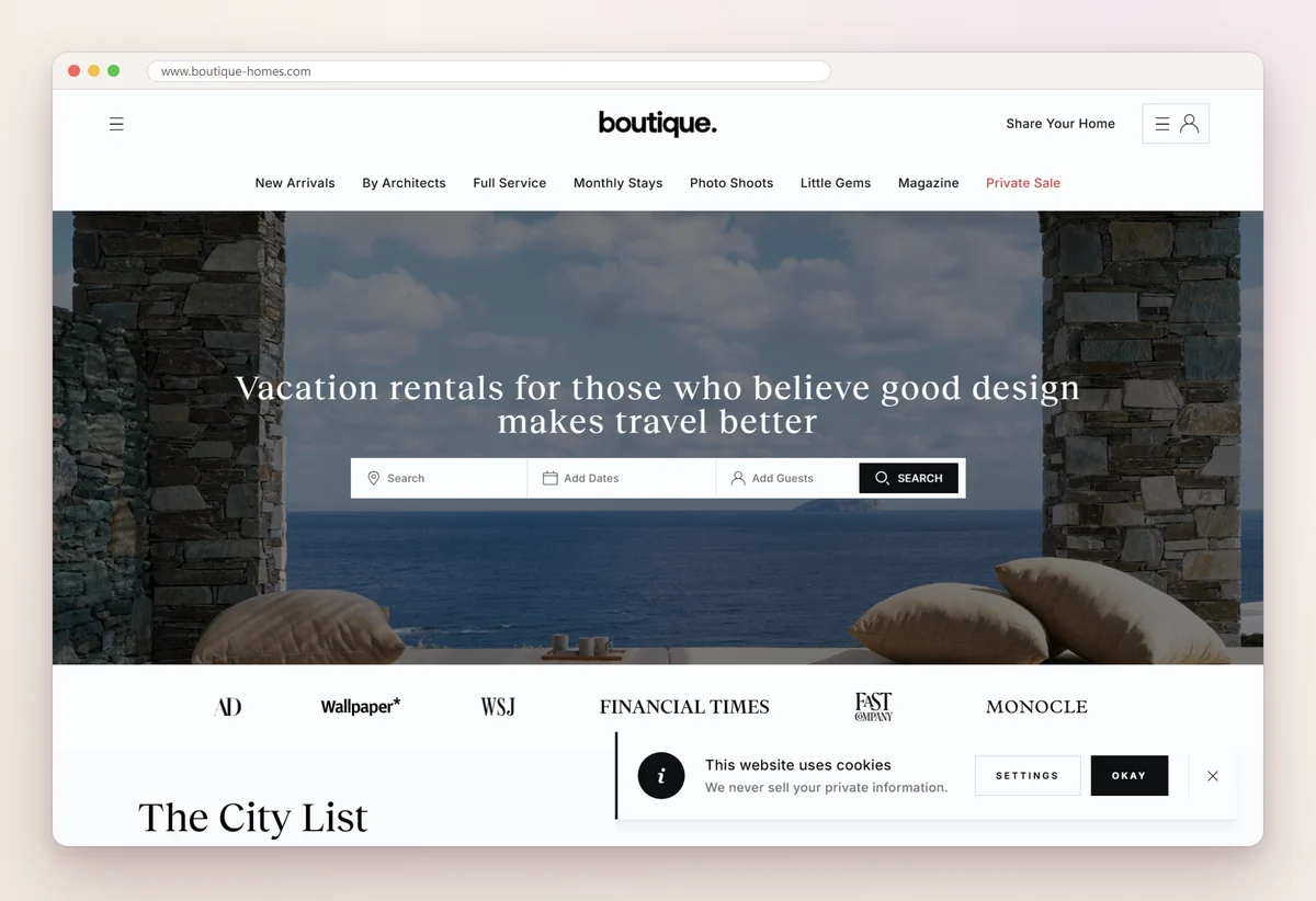 Boutique Homes home page with a search bar over a photo, the line Vacation rentals for those who believe good design makes travel better, and logos of publications below