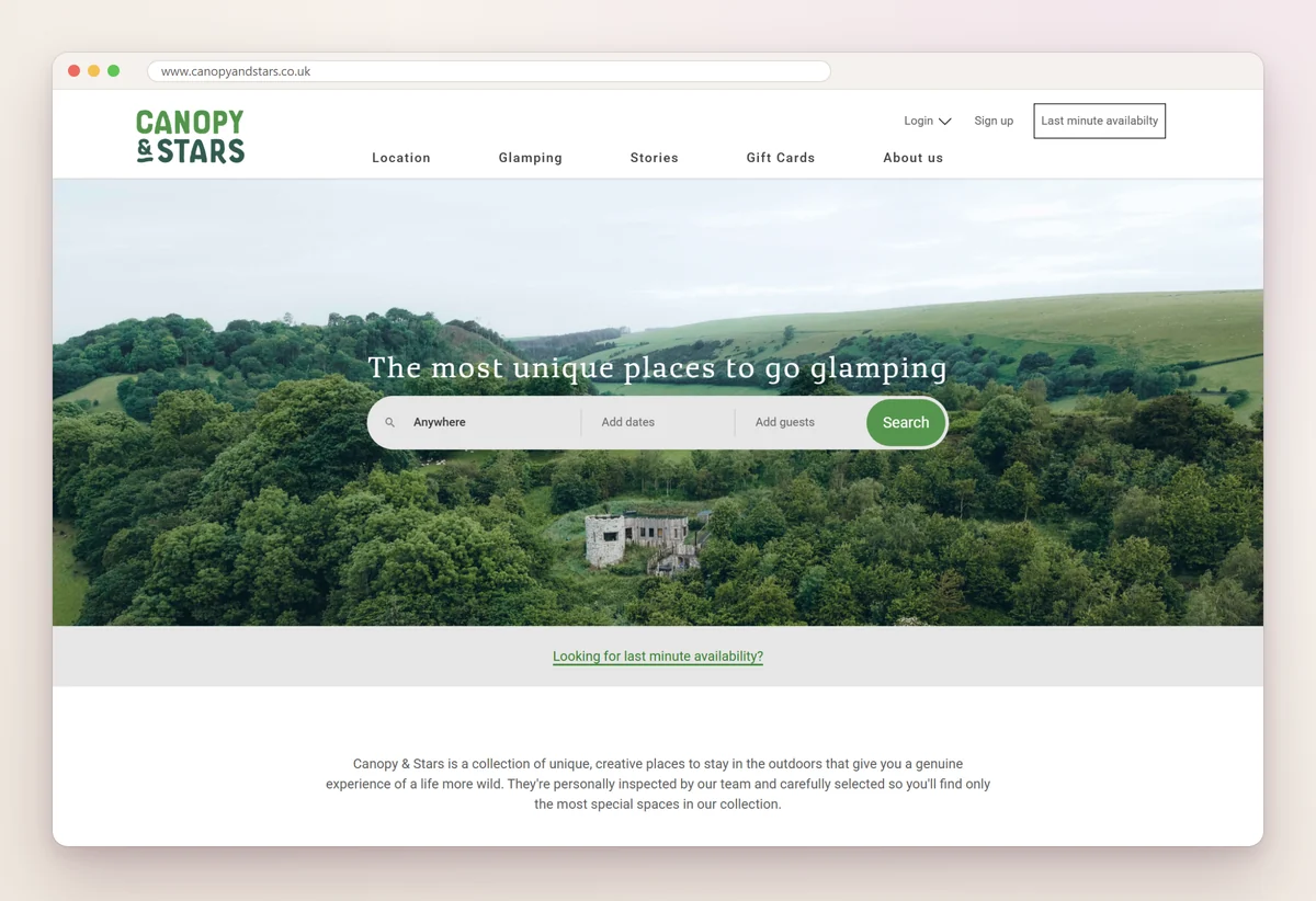 Canopy and Stars home page with a valley photo, the line The most unique places to go glamping, and a search by place, dates and guests