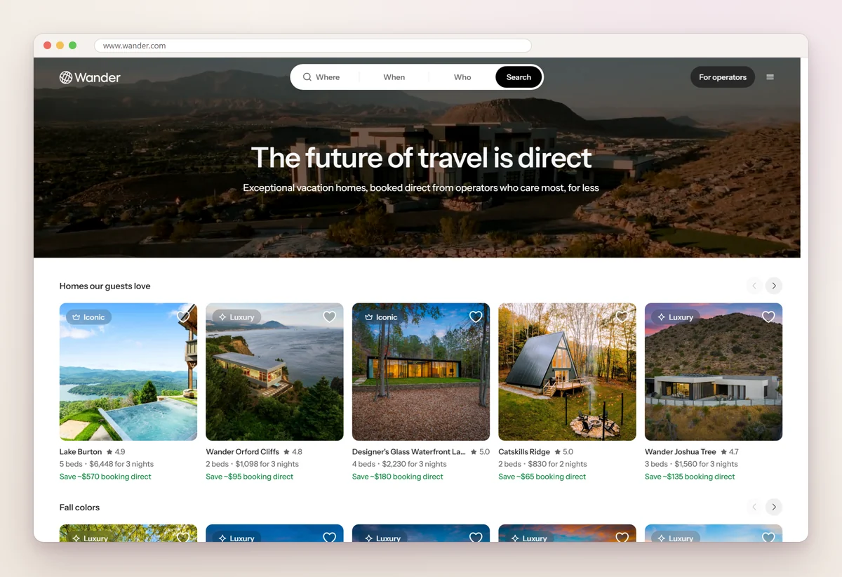 Wander home page with the line The future of travel is direct and a row of homes showing rating, beds, a three-night price and the saving from booking direct