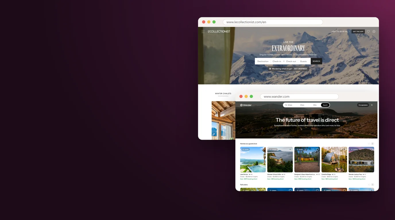 Le Collectionist's home page in a browser window with Wander's home page in a second window in front of it, on a plum background