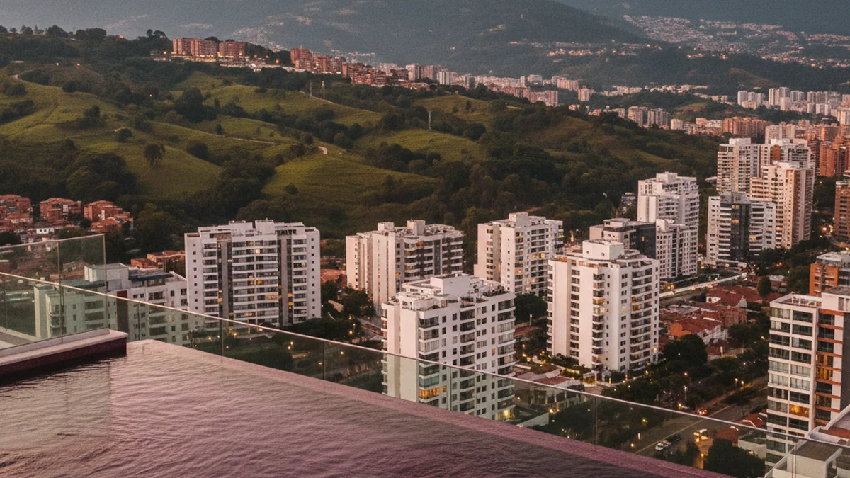 Medellin Colombia El Poblado neighborhood with modern apartments and mountains