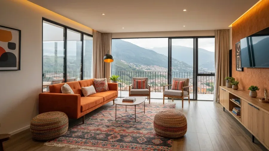 Medellin luxury apartment interior with city and mountain views