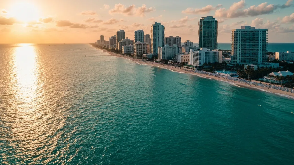 Miami Beach aerial view at sunset with luxury condos and Atlantic Ocean