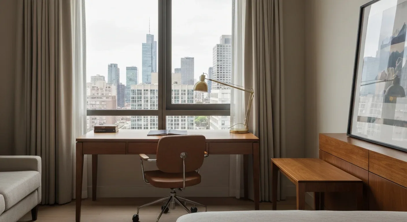 A comfortable furnished apartment arranged for a long stay with a proper desk by a window overlooking a city