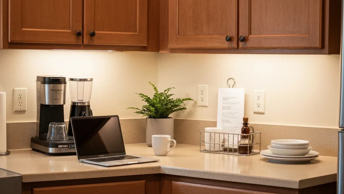 A well-equipped rental kitchen with a coffee station and a laptop workspace at the counter set up for a monthly-stay guest