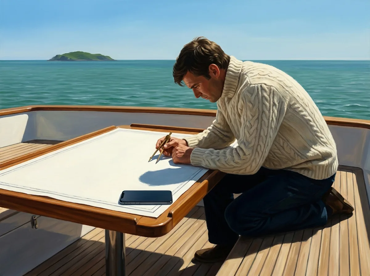 Painting of a man in a white cable-knit sweater plotting a course on a blank chart on the deck of a teak sailboat, a smartphone beside the chart and an island on the horizon