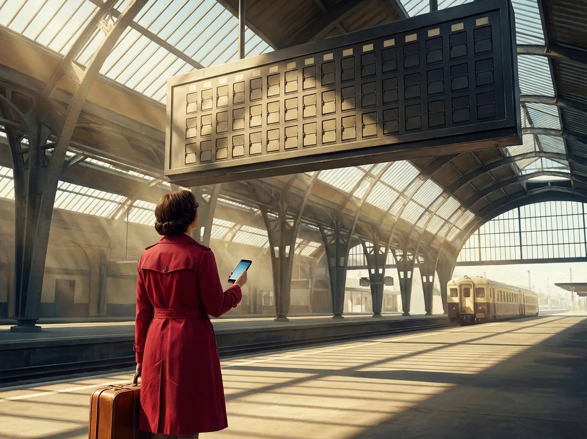 Painting of a traveler in a red coat with a vintage suitcase looking up at a blank split-flap departure board in a sunlit train station, a smartphone in her hand