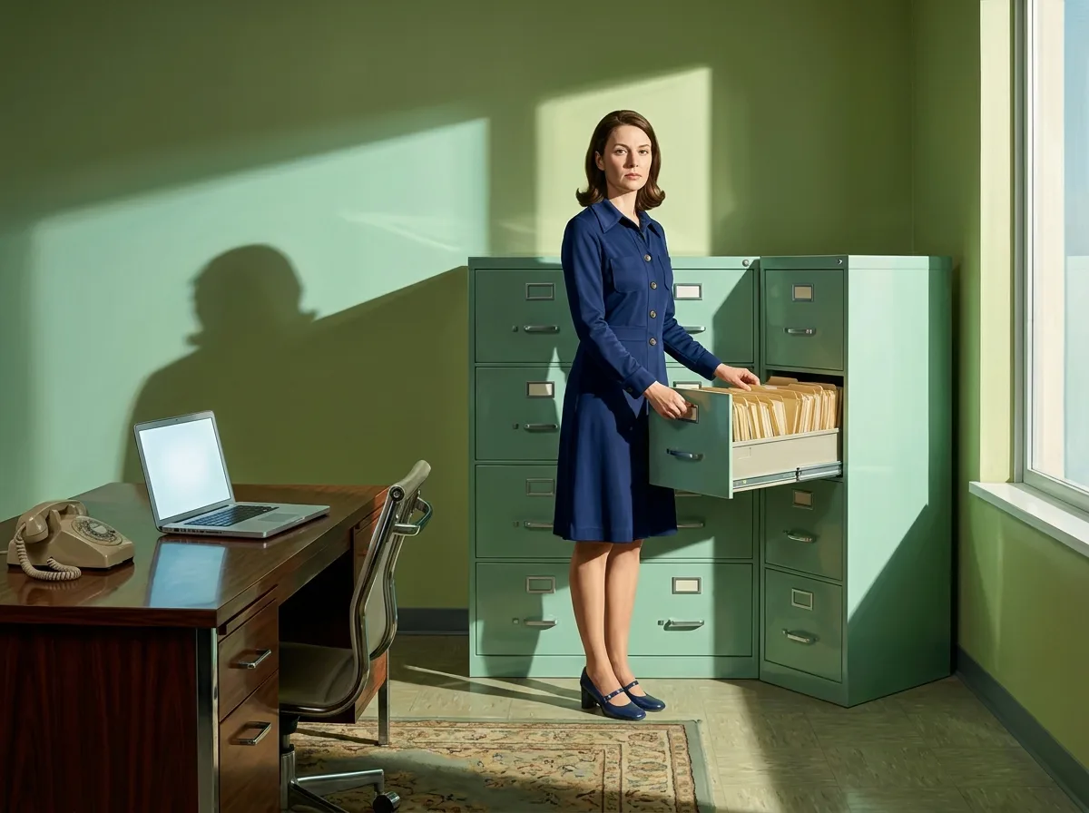 Painting of a woman in a navy shirtdress opening a drawer of manila folders in a wall of mint-green filing cabinets, a laptop on the desk beside her