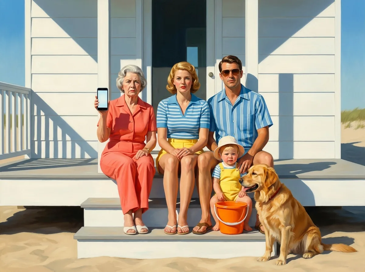 Painting of a three-generation family with a toddler and a golden retriever on the steps of a white beach house, the grandmother holding up a smartphone